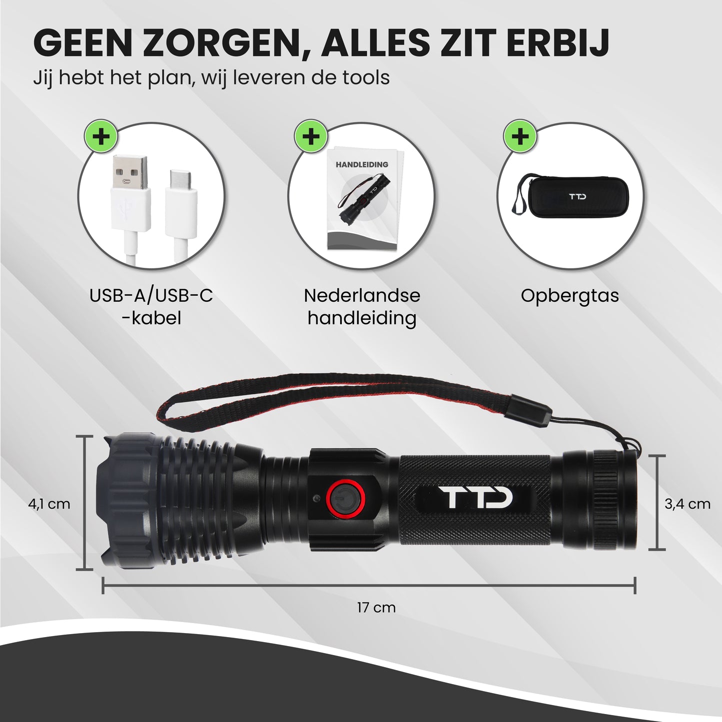 TTD® Militaire Zaklamp LED Oplaadbaar - LEP Technologie - IP65 Waterdicht - 1100 Lumen - 7 Uur Accu - Zoomfunctie - Powerbankfunctie - USB Oplaadbaar