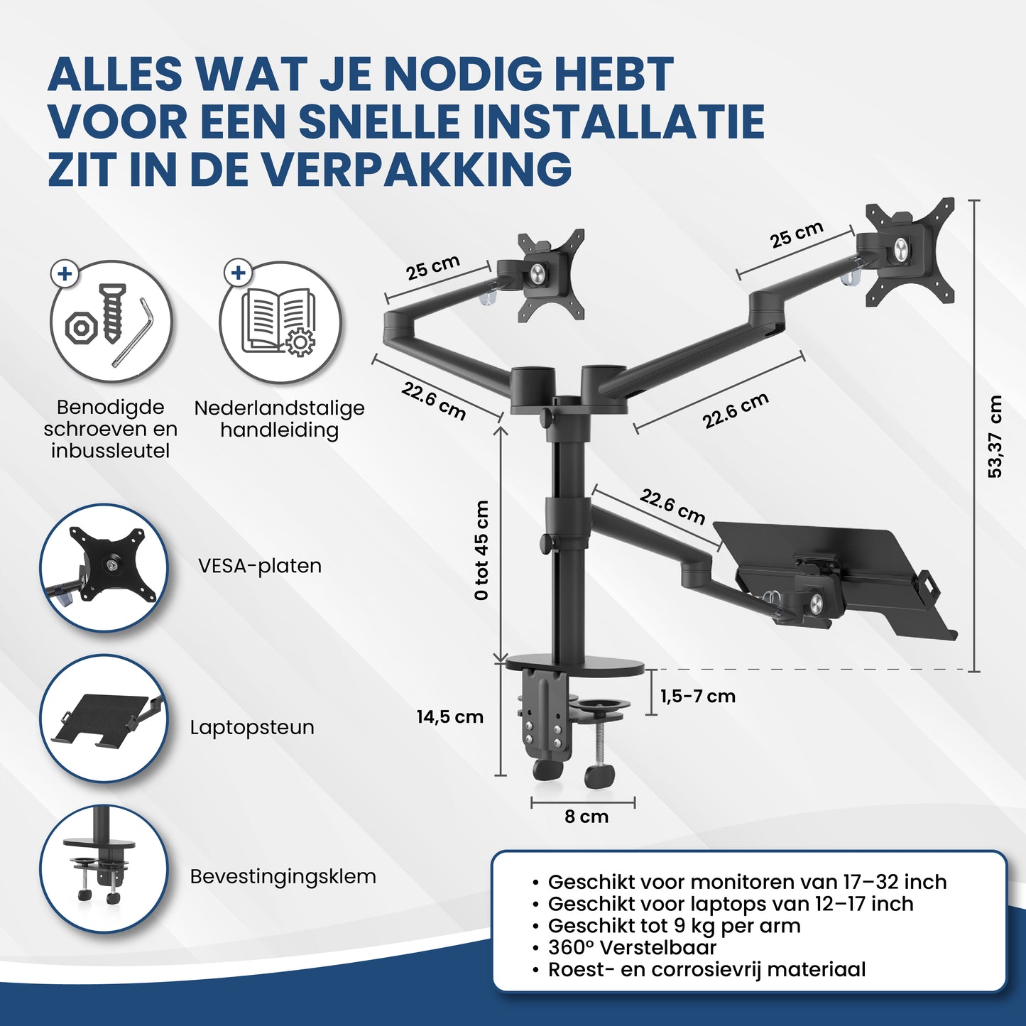 TTD® Monitor Arm 2 Schermen & Laptop - Monitor Arm 3 Schermen - Monitor Arm voor 2 Beeldschermen en 1 Laptop - Volledig Roteerbaar en in Hoogte Verstelbaar - 9 kg per Arm - Monitor Beugel - Zwart - Aluminium - Laptop Standaard Verstelbaar
