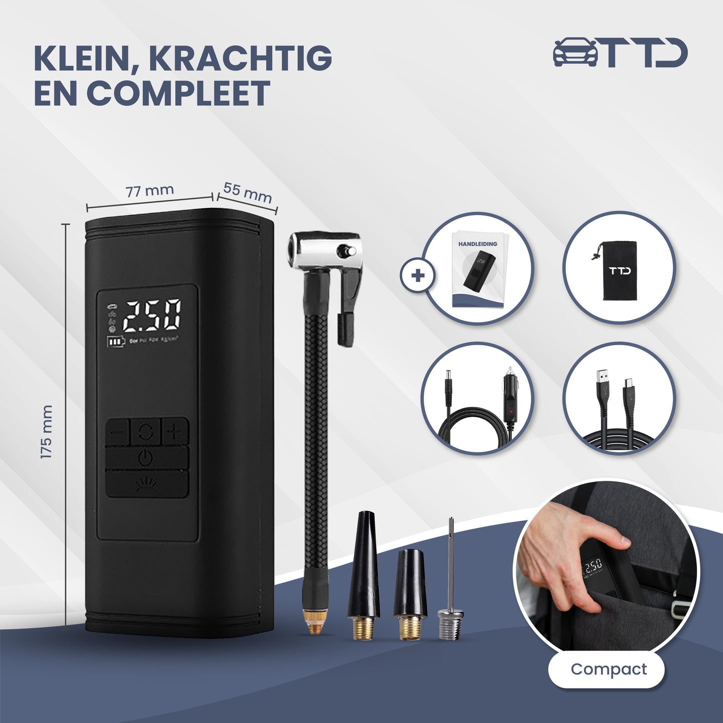 TTD® Draagbare Elektrische Fietspomp en Bandenpomp Auto - Luchtcompressor - USB Oplaadbaar - Met Powerbank - Zaklampfunctie - 2x Krachtige 2000 mAh Accu's