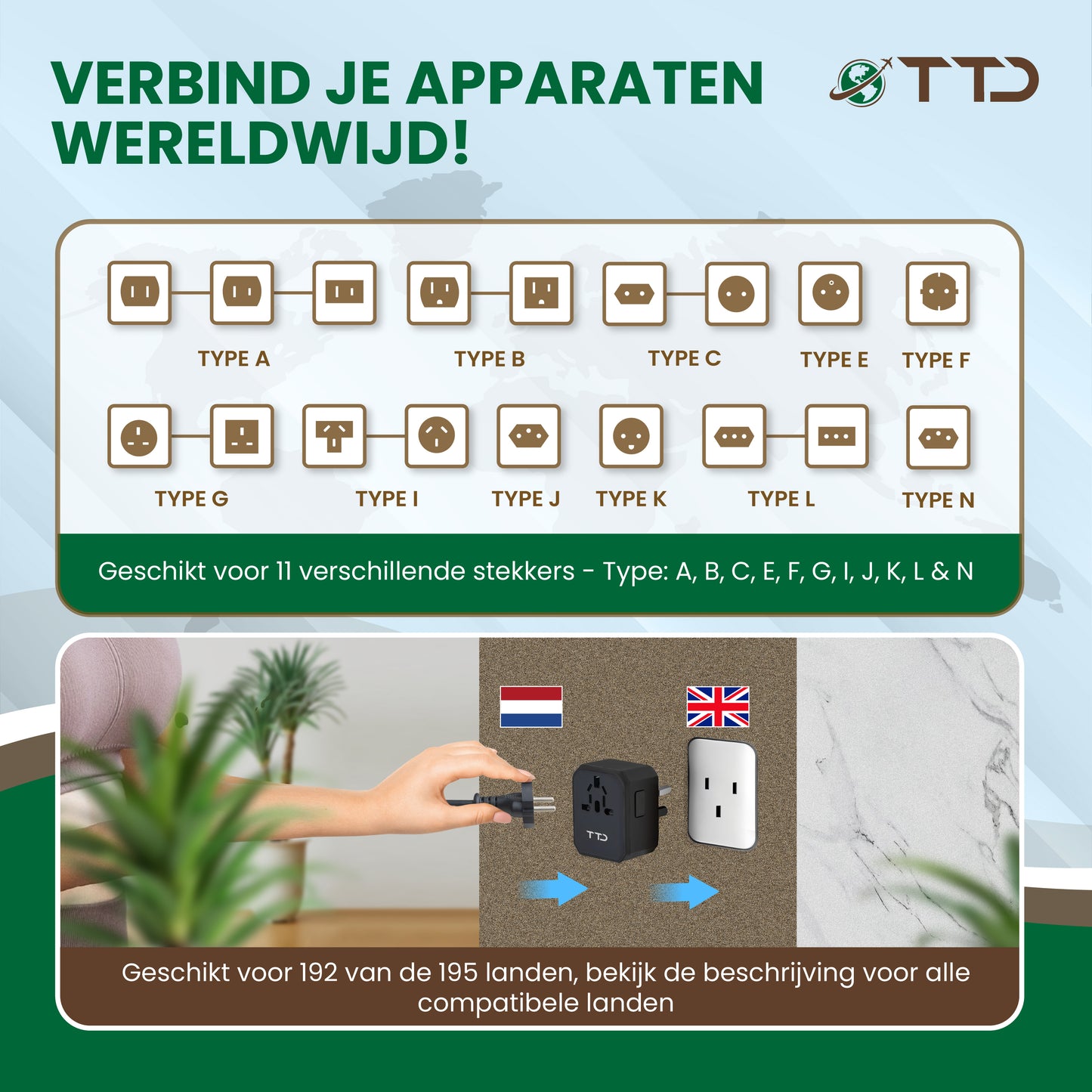 TTD® Wereldstekker Universeel - Reisstekker Type A B C E F G I met USB-C en 4x USB-A Fast Charge - Geschikt voor o.a. Amerika, Australië, Engeland en Japan - Reisadapter - Travel Adapter