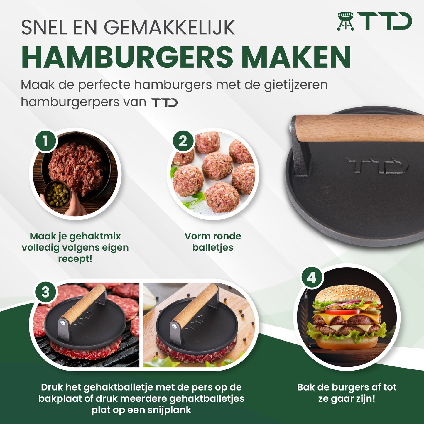 TTD® Hamburgerpers Gietijzer XL - Hamburgermaker Extra Zwaar - Hittebestendig - Strakke Grillgroeven - BBQ Accesoires - Barbecue Accessoires - Smash Burger - BBQ Gereedschap - Met oliekwast