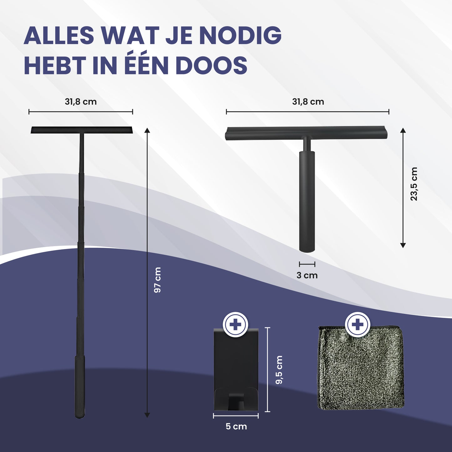 TTD® Douchewisser 2-in-1 met Uitschuifbare Lange Steel - 97 cm - Siliconen Wisserblad - Ergonomisch - Met Microvezeldoek en Ophanghaak - Douche Trekker - Vloerwisser Badkamer - Vloertrekker - Zwart