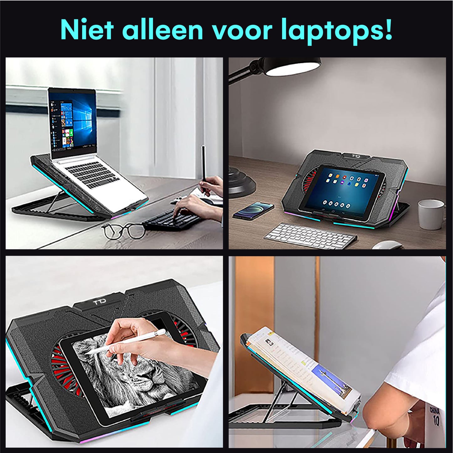 TTD® Premium Laptop Cooler en Verstelbare Laptop Verhoger - Laptop Standaard Verstelbaar - Laptop Steun - Rotatiesnelheden tot boven de 2400 RPM - Gaming Laptop Cooling Pad - Tot 17 Inch - Extra USB-poort - Zwart