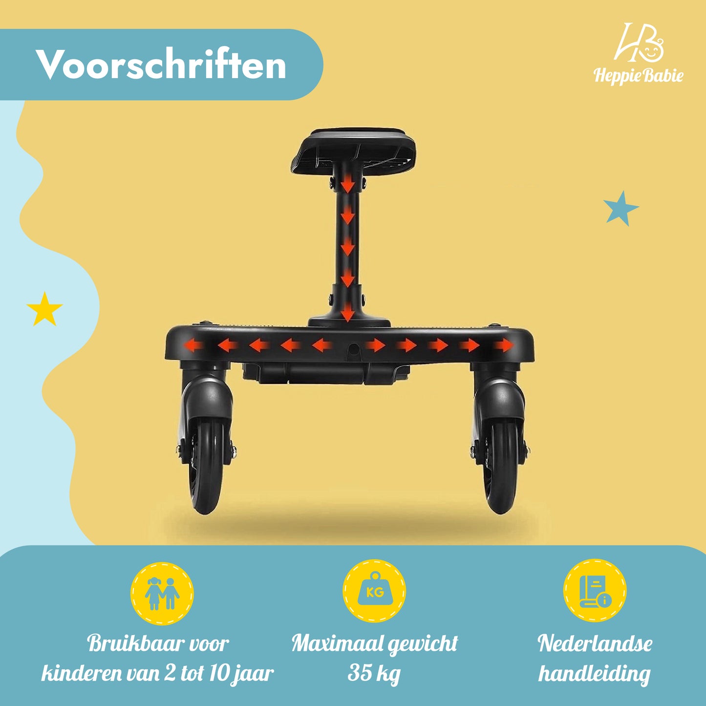 HeppieBabie Universeel Meerijdplankje - Met Zitje - Voor Kinderwagen of Buggy - Buggy Board