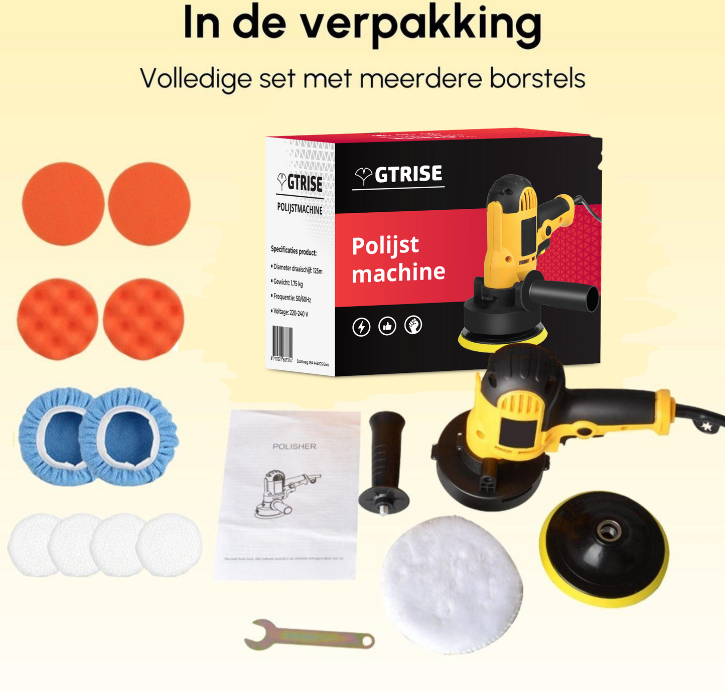 Gtrise Polijstmachine - Poetsmachine Auto - 6 Polijstschijven - 1400W Krachtig - Polier - Met Ebook