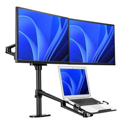 TTD® Monitor Arm 2 Schermen & Laptop - Monitor Arm 3 Schermen - Monitor Arm voor 2 Beeldschermen en 1 Laptop - Volledig Roteerbaar en in Hoogte Verstelbaar - 9 kg per Arm - Monitor Beugel - Zwart - Aluminium - Laptop Standaard Verstelbaar