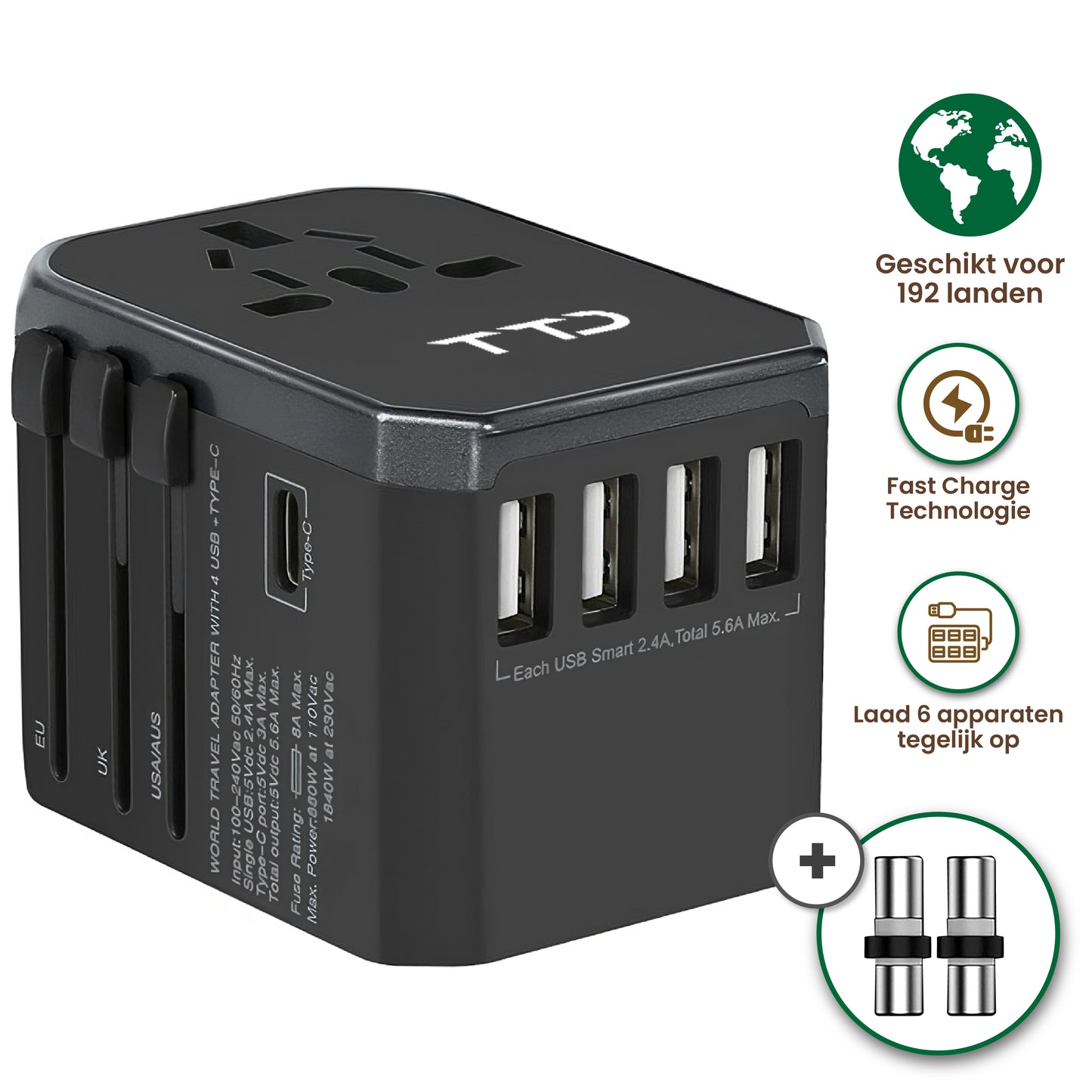 TTD® Wereldstekker Universeel - Reisstekker Type A B C E F G I met USB-C en 4x USB-A Fast Charge - Geschikt voor o.a. Amerika, Australië, Engeland en Japan - Reisadapter - Travel Adapter