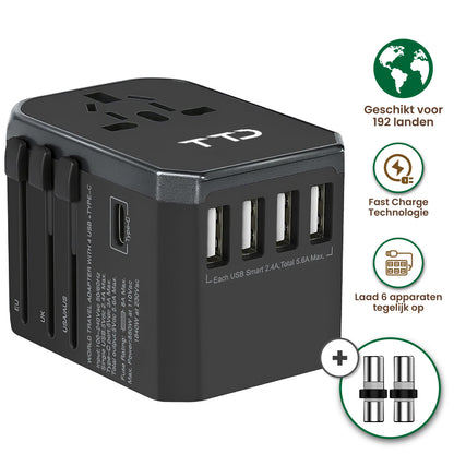 TTD® Wereldstekker Universeel - Reisstekker Type A B C E F G I met USB-C en 4x USB-A Fast Charge - Geschikt voor o.a. Amerika, Australië, Engeland en Japan - Reisadapter - Travel Adapter
