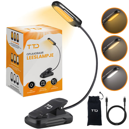 TTD® Leeslampje - 3 Soorten Licht - USB Oplaadbaar - Flexibele Hals - Opbergzakje