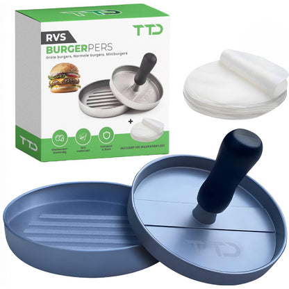 TTD® Hamburgerpers en Hamburgermaker - Smash Burger - Hittebestendig - Strakke Grillgroeven - BBQ Accesoires - BBQ Gereedschap - Barbecue Accessoires - Burger Press - Vaatwasserbestendig - Inclusief 100 Waxpapiertjes - RVS