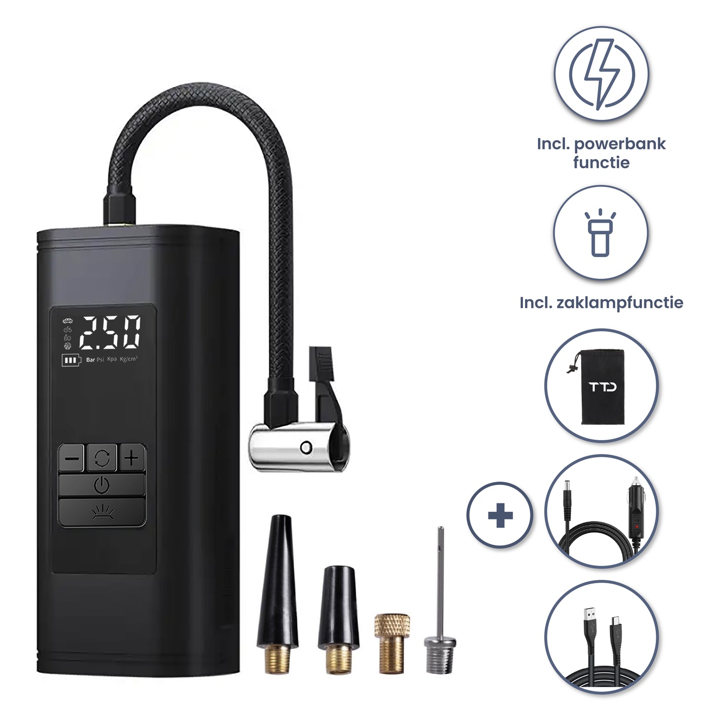 TTD® Draagbare Elektrische Fietspomp en Bandenpomp Auto - Luchtcompressor - USB Oplaadbaar - Met Powerbank - Zaklampfunctie - 2x Krachtige 2000 mAh Accu's