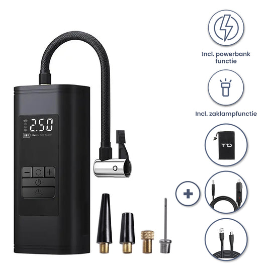 TTD® Draagbare Elektrische Fietspomp en Bandenpomp Auto - Luchtcompressor - USB Oplaadbaar - Met Powerbank - Zaklampfunctie - 2x Krachtige 2000 mAh Accu's