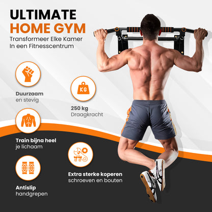 TTD® Premium Pull Up Bar - Pull Up Station - Optrekstang Wandmontage - Dip Station - Dip Bars - Thuis Sporten - Thuis Fitness - Premium materialen - Extra stevige tot 250KG - Inclusief montage onderdelen - Home workout - Zwart/Oranje