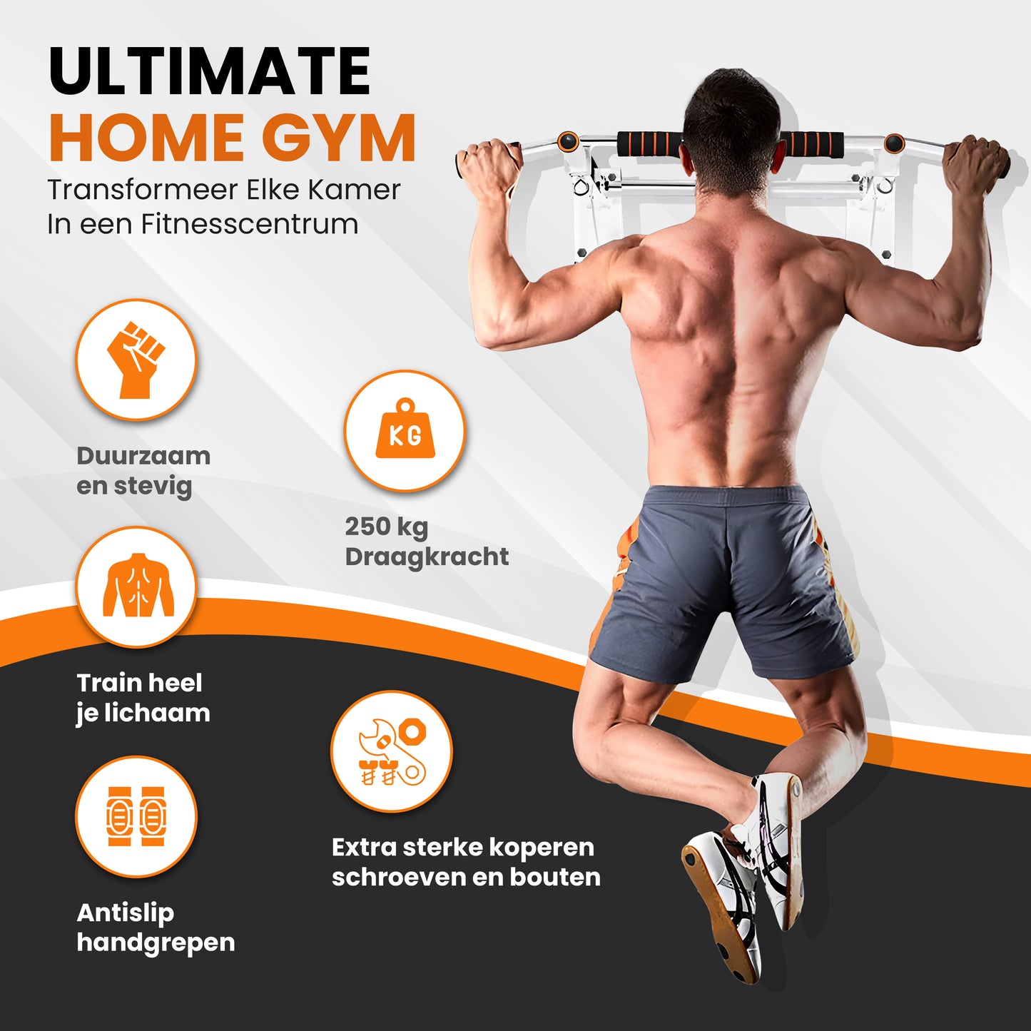 TTD® Premium Pull Up Bar - Pull Up Station - Optrekstang Wandmontage - Dip Station - Dip Bars - Thuis Sporten - Thuis Fitness - Premium materialen - Extra stevige montage onderdelen - Home workout - Wit/Oranje