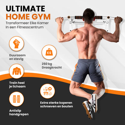 TTD® Premium Pull Up Bar - Pull Up Station - Optrekstang Wandmontage - Dip Station - Dip Bars - Thuis Sporten - Thuis Fitness - Premium materialen - Extra stevige montage onderdelen - Home workout - Wit/Oranje
