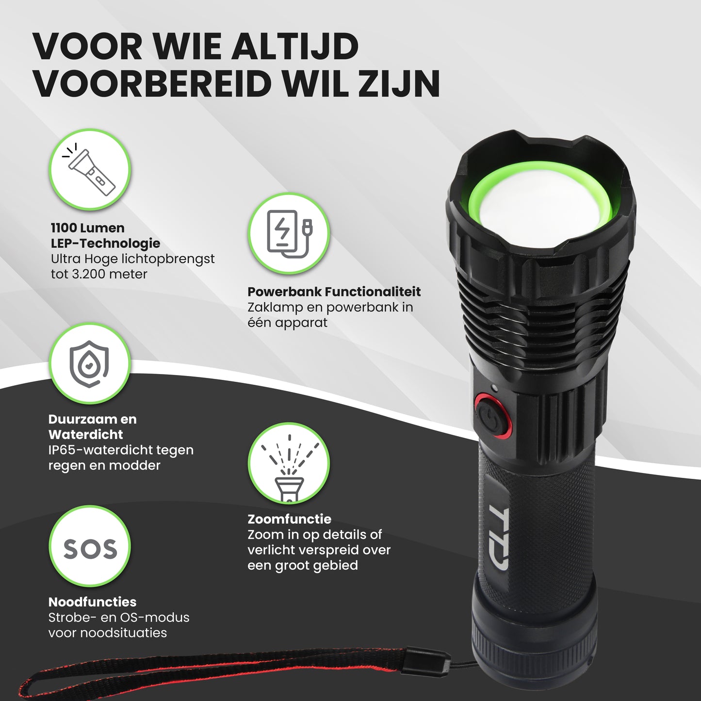TTD® Militaire Zaklamp LED Oplaadbaar - LEP Technologie - IP65 Waterdicht - 1100 Lumen - 7 Uur Accu - Zoomfunctie - Powerbankfunctie - USB Oplaadbaar