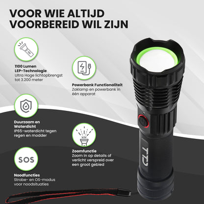 TTD® Militaire Zaklamp LED Oplaadbaar - LEP Technologie - IP65 Waterdicht - 1100 Lumen - 7 Uur Accu - Zoomfunctie - Powerbankfunctie - USB Oplaadbaar