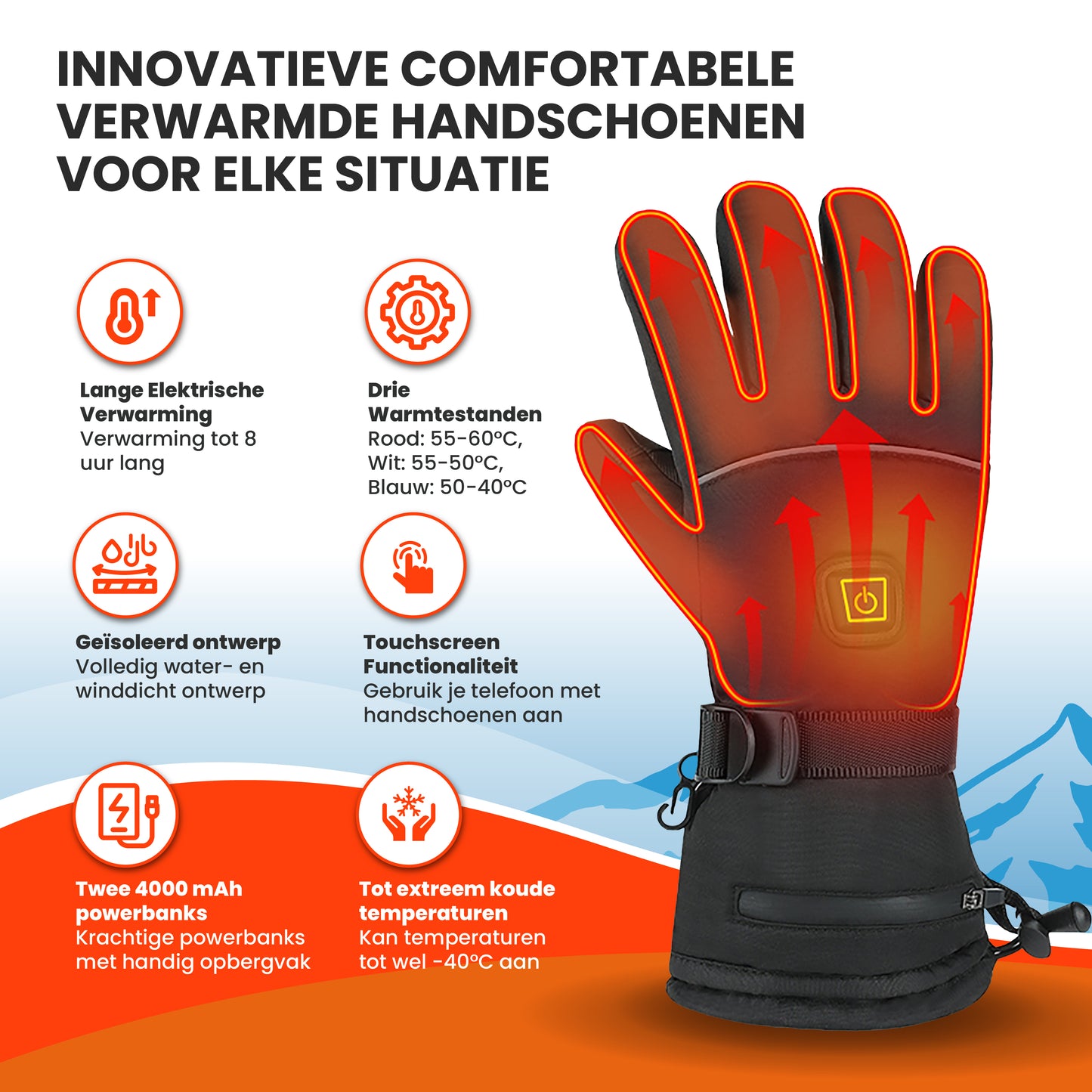 Verwarmde handschoenen large (L), USB-oplaadbaar, 40-60 °C, touchscreen & 3 warmtestanden