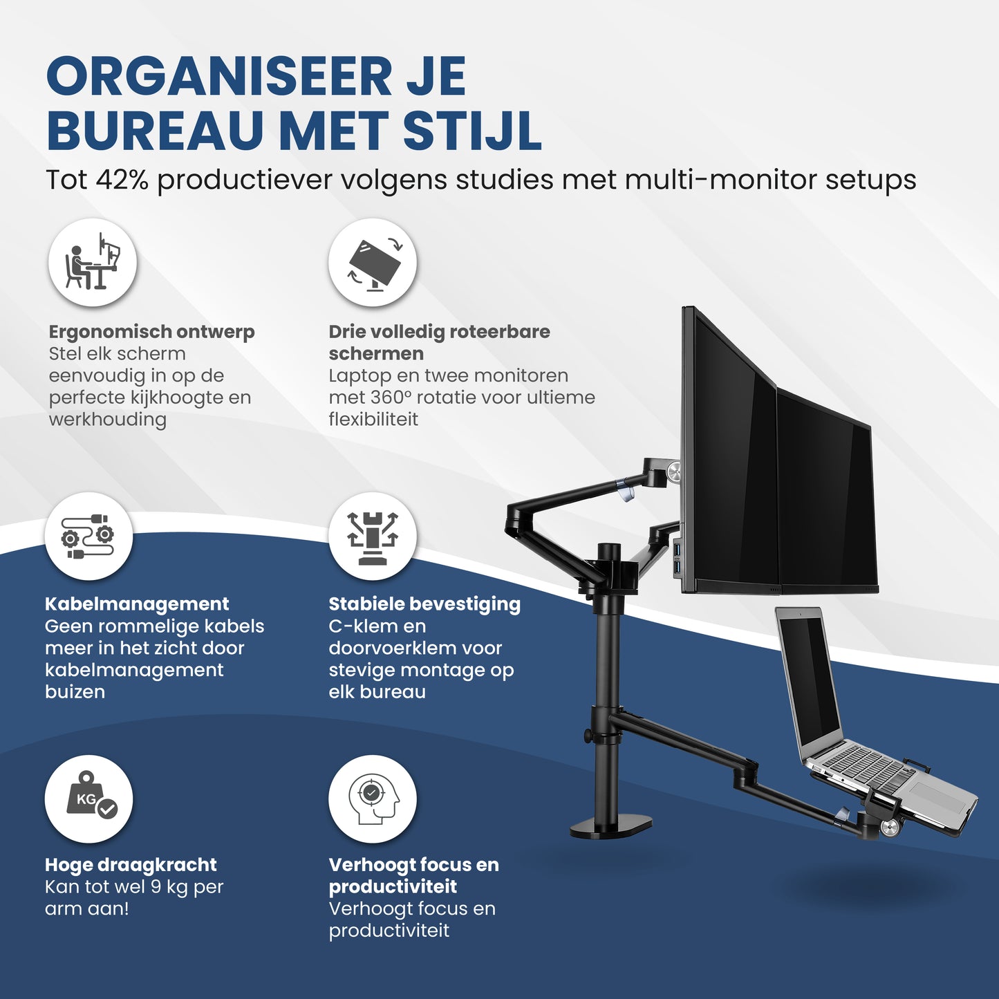 TTD® Monitor Arm 2 Schermen & Laptop - Monitor Arm 3 Schermen - Monitor Arm voor 2 Beeldschermen en 1 Laptop - Volledig Roteerbaar en in Hoogte Verstelbaar - 9 kg per Arm - Monitor Beugel - Zwart - Aluminium - Laptop Standaard Verstelbaar