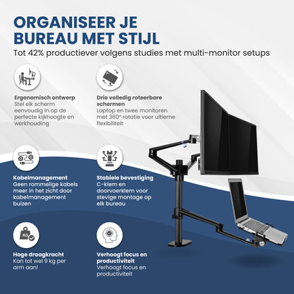TTD® Monitor Arm 2 Schermen & Laptop - Monitor Arm 3 Schermen - Monitor Arm voor 2 Beeldschermen en 1 Laptop - Volledig Roteerbaar en in Hoogte Verstelbaar - 9 kg per Arm - Monitor Beugel - Zwart - Aluminium - Laptop Standaard Verstelbaar