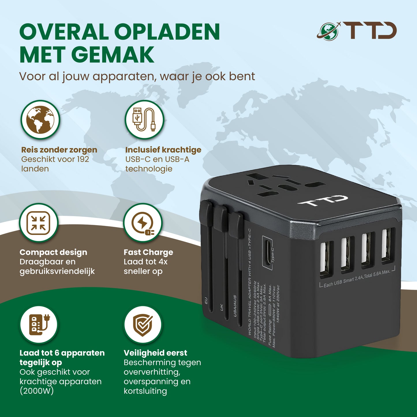 TTD® Wereldstekker Universeel - Reisstekker Type A B C E F G I met USB-C en 4x USB-A Fast Charge - Geschikt voor o.a. Amerika, Australië, Engeland en Japan - Reisadapter - Travel Adapter