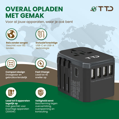 TTD® Wereldstekker Universeel - Reisstekker Type A B C E F G I met USB-C en 4x USB-A Fast Charge - Geschikt voor o.a. Amerika, Australië, Engeland en Japan - Reisadapter - Travel Adapter