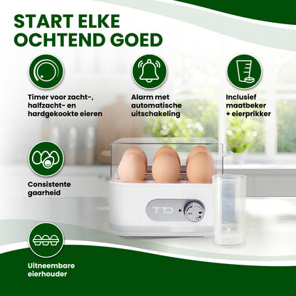 TTD® Smart Eierkoker Elektrisch met Timer - Geschikt voor 1 tot 6 Eieren - Hardgekookt, Zachtgekookt of Halfzacht - Eierwekker - Eierkoker Electrisch - Inclusief Eierprikker en Maatbeker