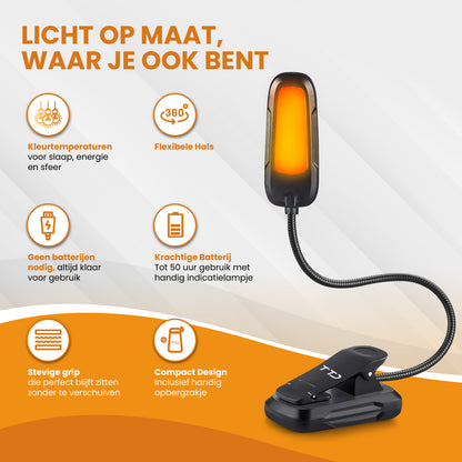TTD® Leeslampje - 3 Soorten Licht - USB Oplaadbaar - Flexibele Hals - Opbergzakje