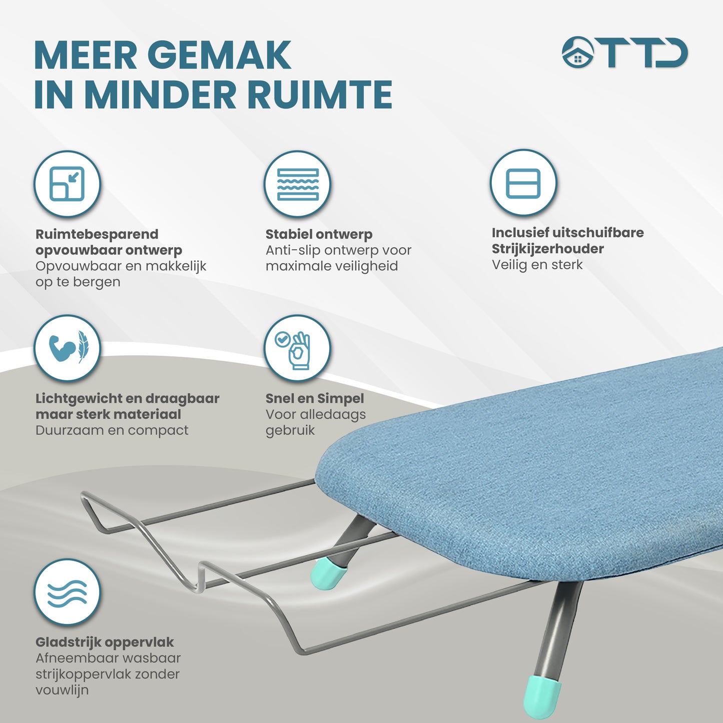 TTD® Uitklapbare Strijkplank Zonder Vouwlijn - Ophanglus - Mini Strijkplank met Strijkijzerhouder - Opvouwbare Tafelstrijkplank - Kleine Inklapbare Strijkplank