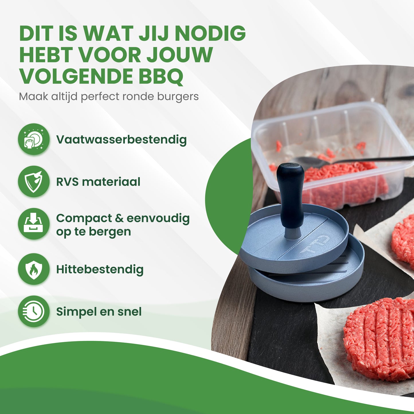 TTD® Hamburgerpers en Hamburgermaker - Smash Burger - Hittebestendig - Strakke Grillgroeven - BBQ Accesoires - BBQ Gereedschap - Barbecue Accessoires - Burger Press - Vaatwasserbestendig - Inclusief 100 Waxpapiertjes - RVS