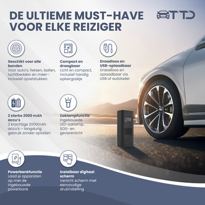 TTD® Draagbare Elektrische Fietspomp en Bandenpomp Auto - Luchtcompressor - USB Oplaadbaar - Met Powerbank - Zaklampfunctie - 2x Krachtige 2000 mAh Accu's