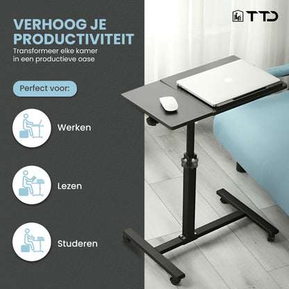 TTD® Premium Bijzettafel op Wieltjes met Rem - Laptoptafel Verstelbaar - Ergonomische Bedtafel op Wielen - 23 kg Draagkracht - Laptopstandaard - Verstelbaar in Hoek en in Hoogte - Zwart - Rechts