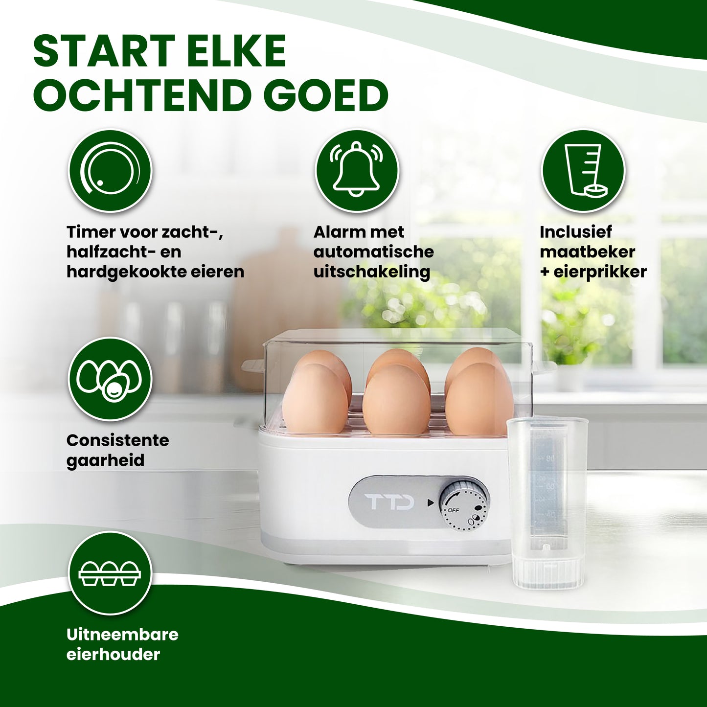 TTD® Smart Eierkoker Elektrisch met Timer - Eierwekker - Eierkoker Electrisch - Geschikt voor 1 tot 6 Eieren - Inclusief Eierprikker en Maatbeker - Met RVS Eiersnijder