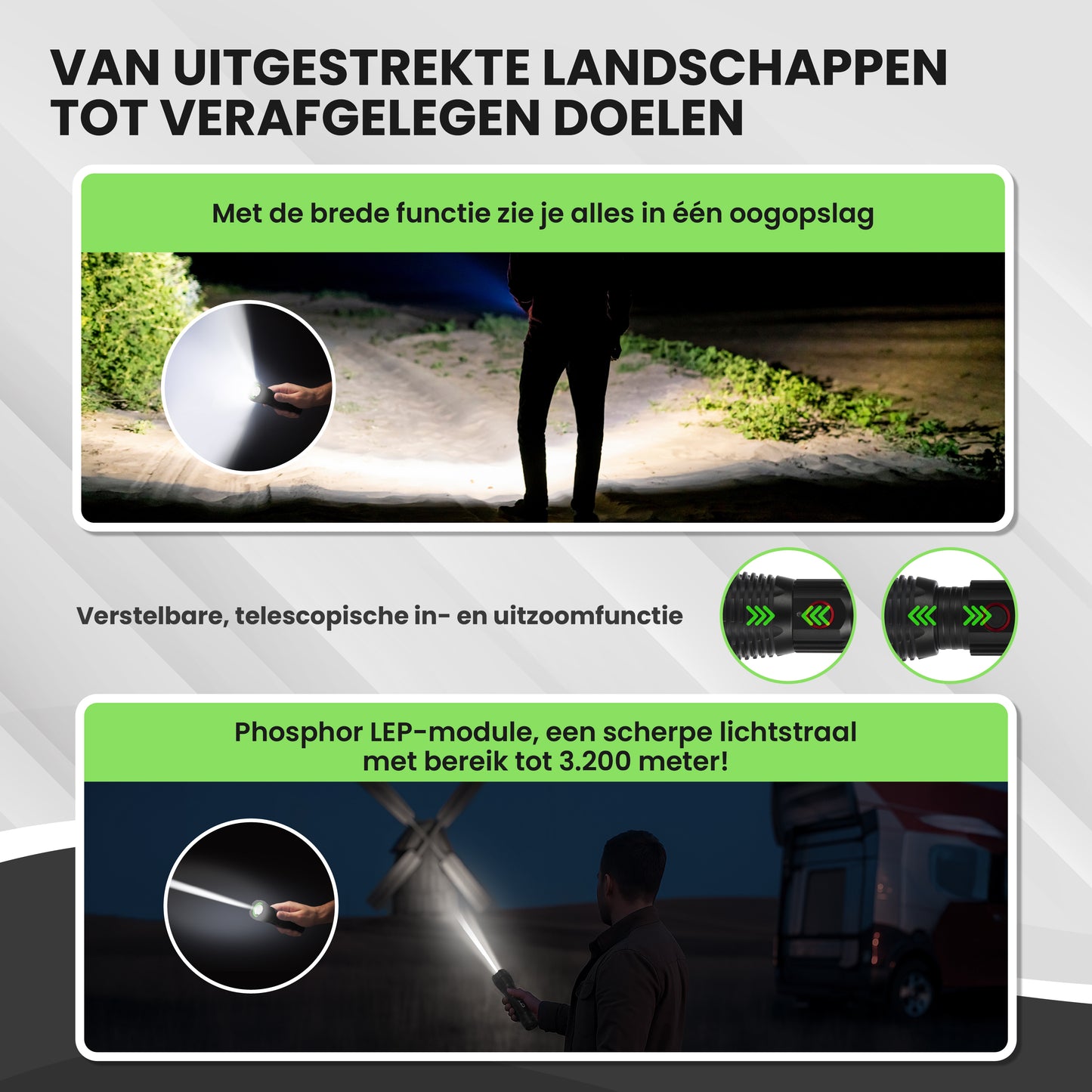 TTD® Militaire Zaklamp LED Oplaadbaar - LEP Technologie - IP65 Waterdicht - 1100 Lumen - 7 Uur Accu - Zoomfunctie - Powerbankfunctie - USB Oplaadbaar