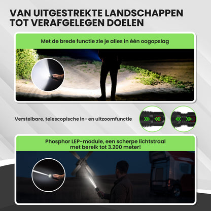 TTD® Militaire Zaklamp LED Oplaadbaar - LEP Technologie - IP65 Waterdicht - 1100 Lumen - 7 Uur Accu - Zoomfunctie - Powerbankfunctie - USB Oplaadbaar