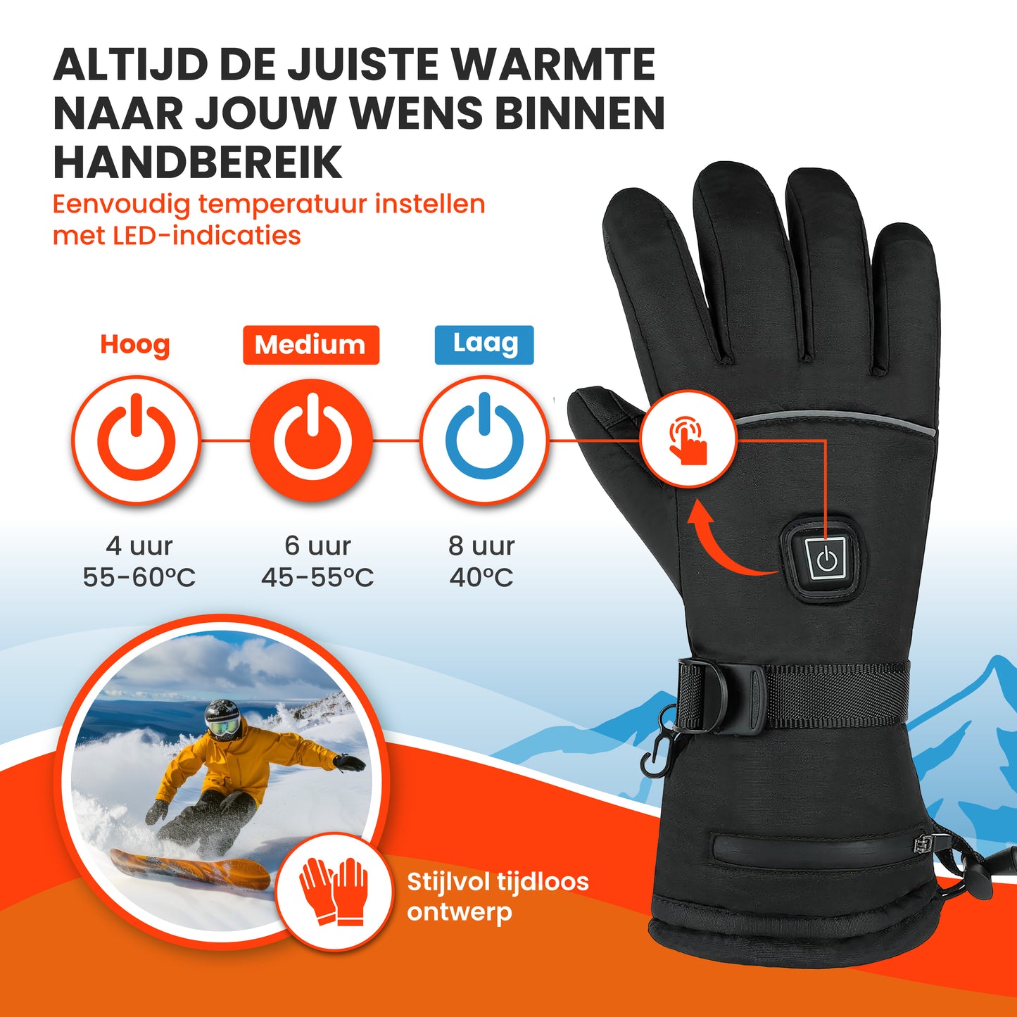Verwarmde handschoenen large (L), USB-oplaadbaar, 40-60 °C, touchscreen & 3 warmtestanden
