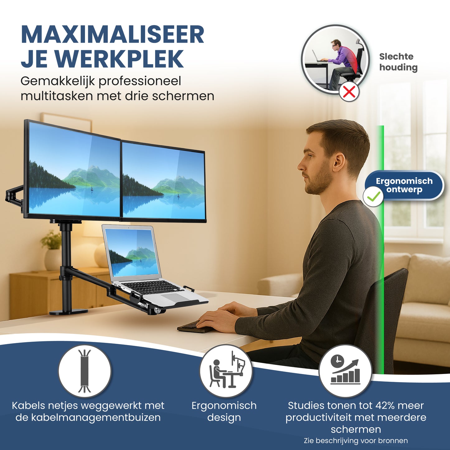 TTD® Monitor Arm 2 Schermen & Laptop - Monitor Arm 3 Schermen - Monitor Arm voor 2 Beeldschermen en 1 Laptop - Volledig Roteerbaar en in Hoogte Verstelbaar - 9 kg per Arm - Monitor Beugel - Zwart - Aluminium - Laptop Standaard Verstelbaar