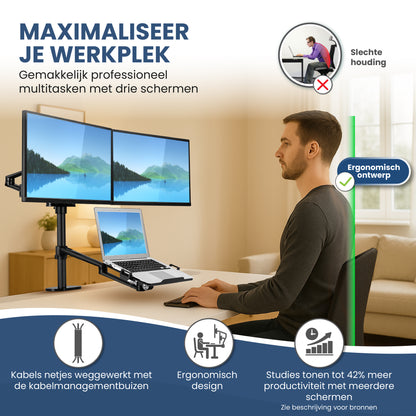 TTD® Monitor Arm 2 Schermen & Laptop - Monitor Arm 3 Schermen - Monitor Arm voor 2 Beeldschermen en 1 Laptop - Volledig Roteerbaar en in Hoogte Verstelbaar - 9 kg per Arm - Monitor Beugel - Zwart - Aluminium - Laptop Standaard Verstelbaar