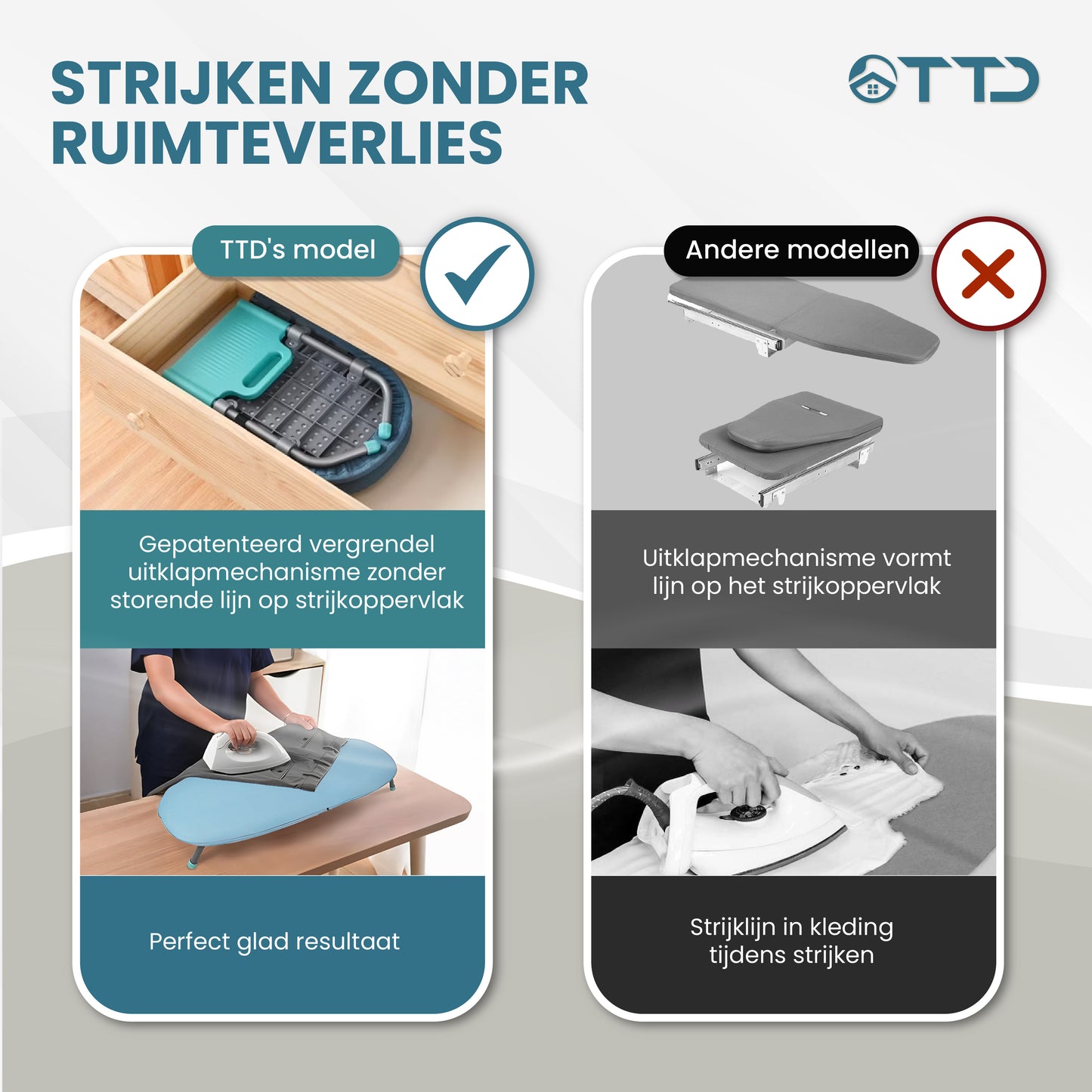 TTD® Uitklapbare Strijkplank Zonder Vouwlijn - Ophanglus - Mini Strijkplank met Strijkijzerhouder - Opvouwbare Tafelstrijkplank - Kleine Inklapbare Strijkplank