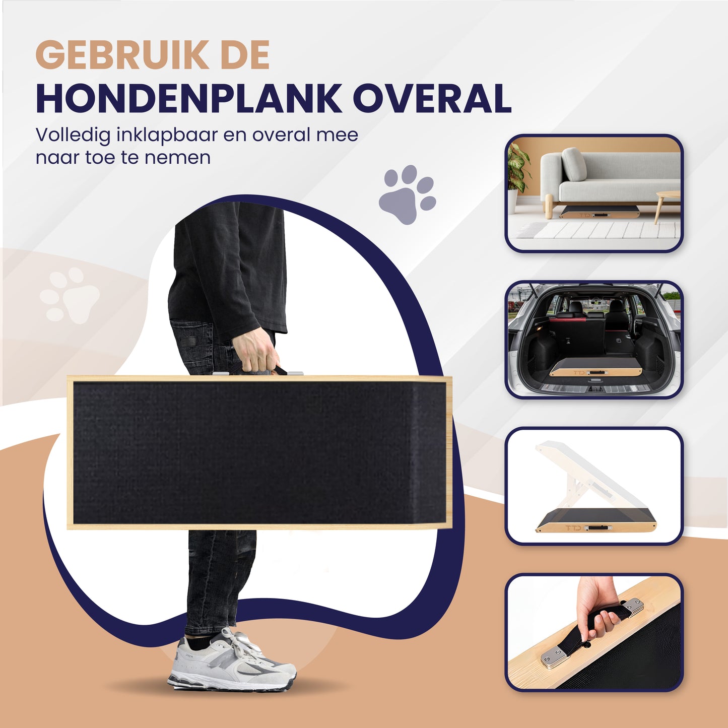 TTD® Premium houten Hondentrap - Hondenloopplank Opvouwbaar - Hondentrapje voor Honden - Voor Grote en Kleine Honden - Antislip - Met Landingsplatform - Instelbaar 18 tot 53 cm - Voor Bed en Bank - Berkenhout - Met Draaghandvat