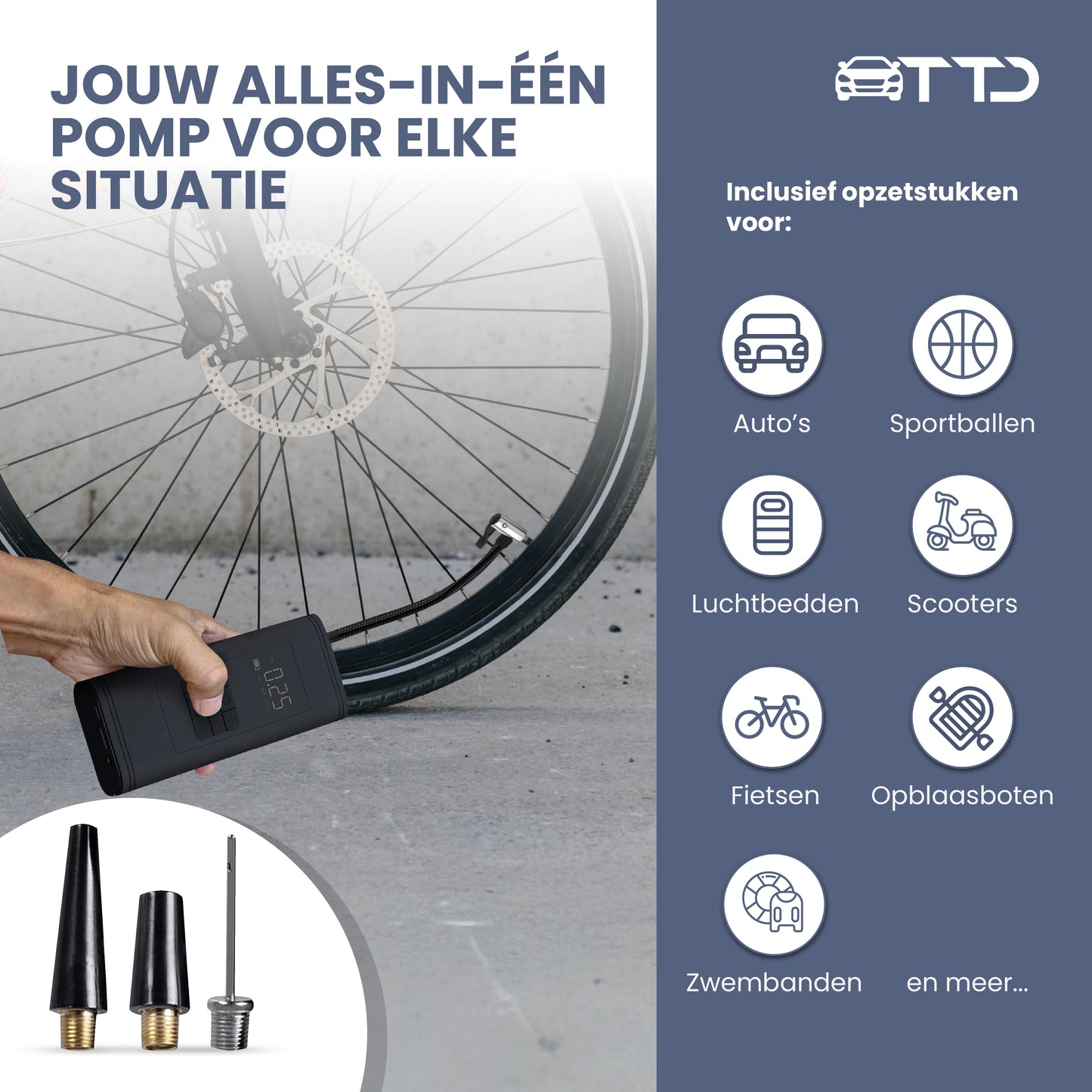 TTD® Draagbare Elektrische Fietspomp en Bandenpomp Auto - Luchtcompressor - USB Oplaadbaar - Met Powerbank - Zaklampfunctie - 2x Krachtige 2000 mAh Accu's