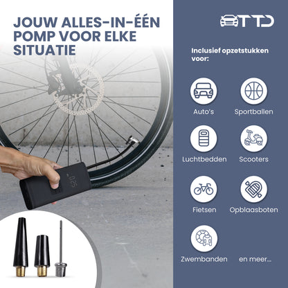 TTD® Draagbare Elektrische Fietspomp en Bandenpomp Auto - Luchtcompressor - USB Oplaadbaar - Met Powerbank - Zaklampfunctie - 2x Krachtige 2000 mAh Accu's