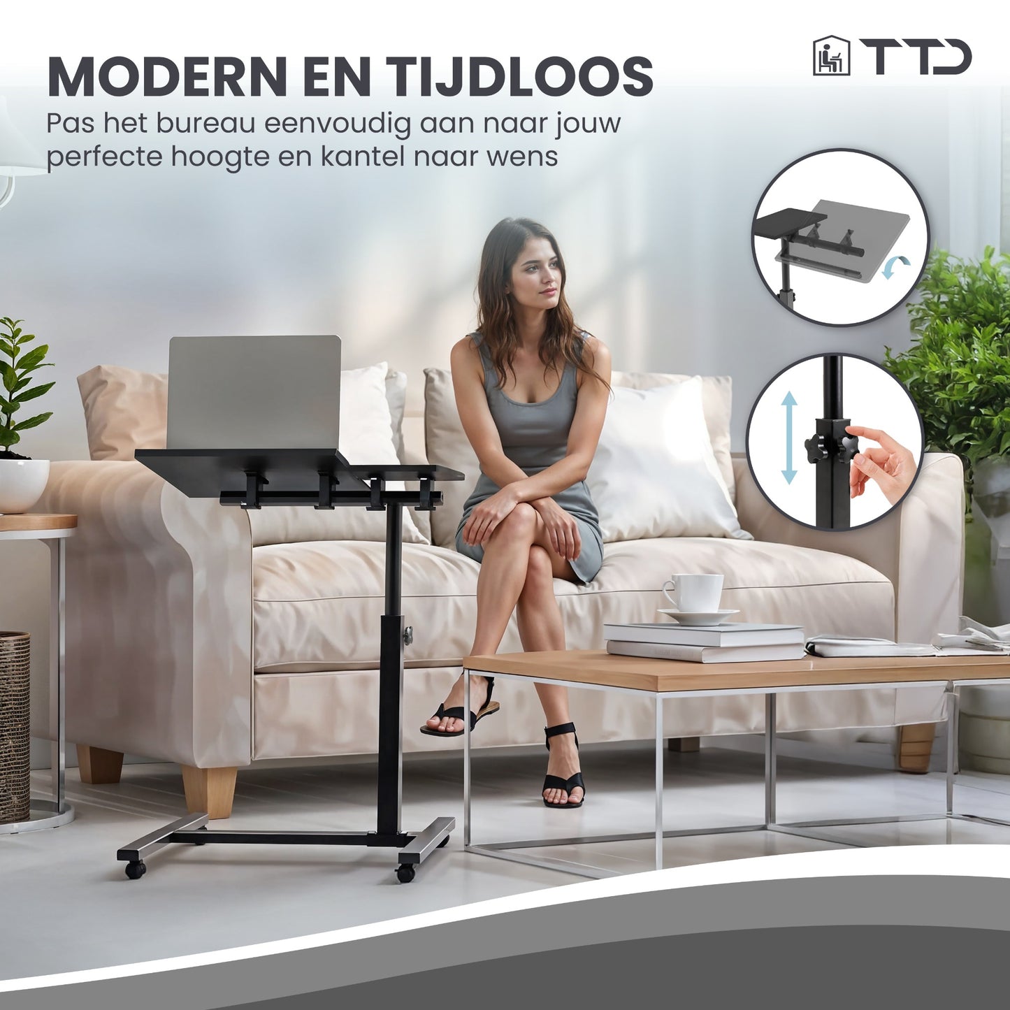 TTD® Premium Bijzettafel op Wieltjes met Rem - Laptoptafel Verstelbaar - Ergonomische Bedtafel op Wielen - 23 kg Draagkracht - Laptopstandaard - Verstelbaar in Hoek en in Hoogte - Zwart - Rechts