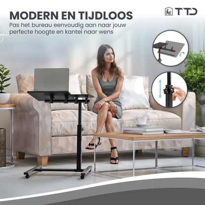 TTD® Premium Bijzettafel op Wieltjes met Rem - Laptoptafel Verstelbaar - Ergonomische Bedtafel op Wielen - 23 kg Draagkracht - Laptopstandaard - Verstelbaar in Hoek en in Hoogte - Zwart - Rechts