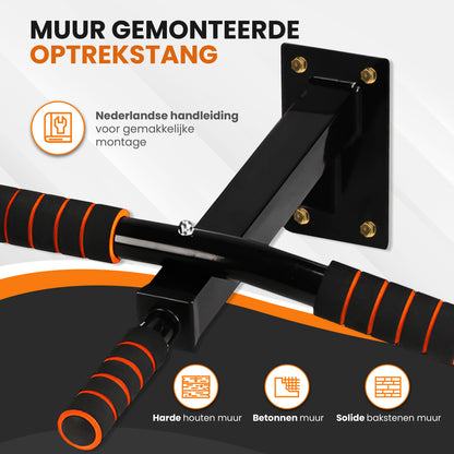 TTD® Premium Pull Up Bar - Pull Up Station - Optrekstang Wandmontage - Dip Station - Dip Bars - Thuis Sporten - Thuis Fitness - Premium materialen - Extra stevige tot 250KG - Inclusief montage onderdelen - Home workout - Zwart/Oranje
