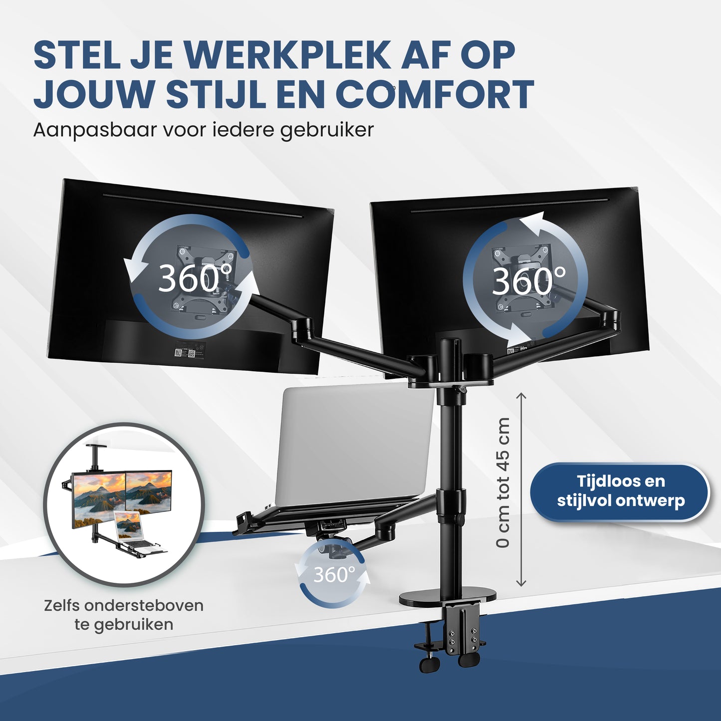 TTD® Monitor Arm 2 Schermen & Laptop - Monitor Arm 3 Schermen - Monitor Arm voor 2 Beeldschermen en 1 Laptop - Volledig Roteerbaar en in Hoogte Verstelbaar - 9 kg per Arm - Monitor Beugel - Zwart - Aluminium - Laptop Standaard Verstelbaar