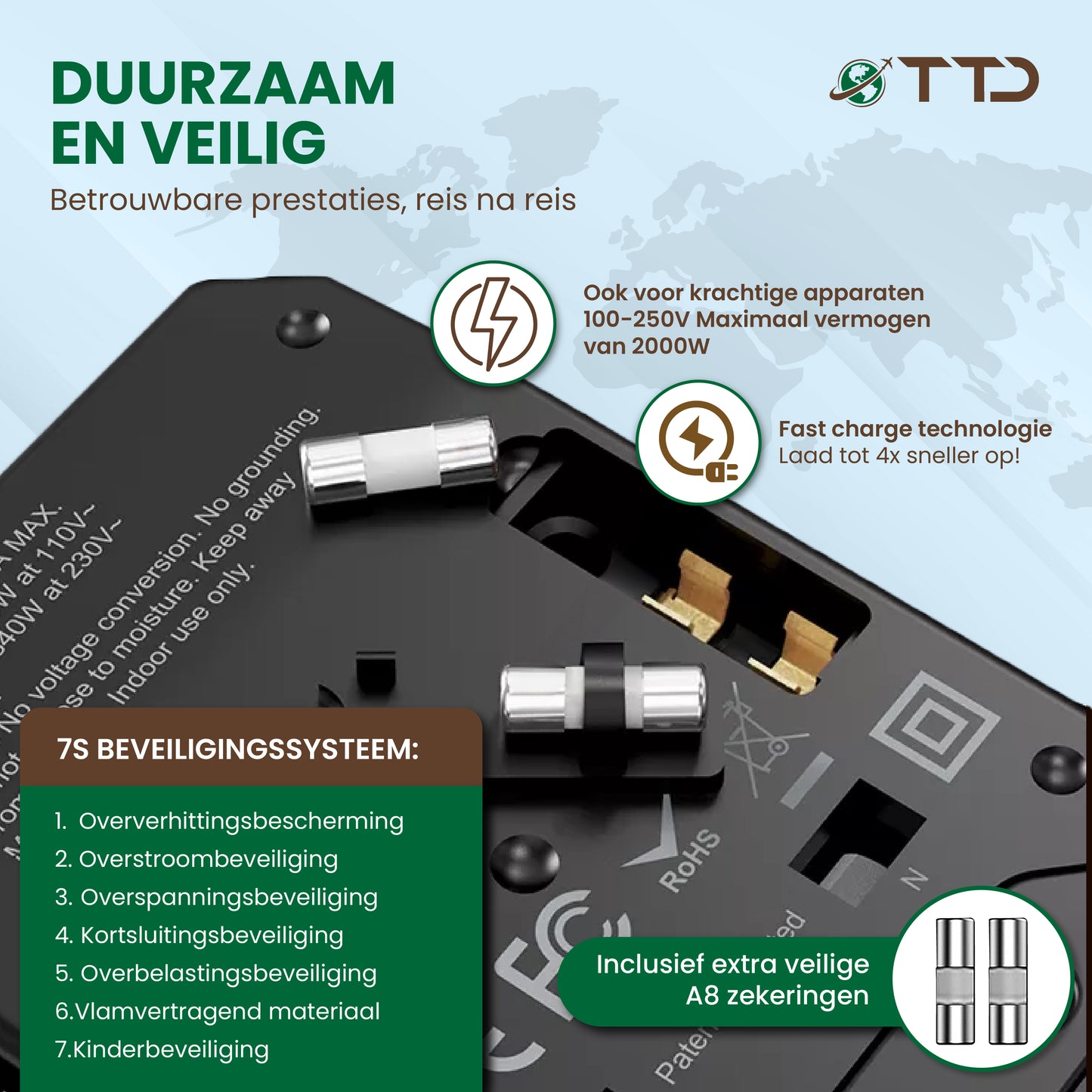 TTD® Wereldstekker Universeel - Reisstekker Type A B C E F G I met USB-C en 4x USB-A Fast Charge - Geschikt voor o.a. Amerika, Australië, Engeland en Japan - Reisadapter - Travel Adapter