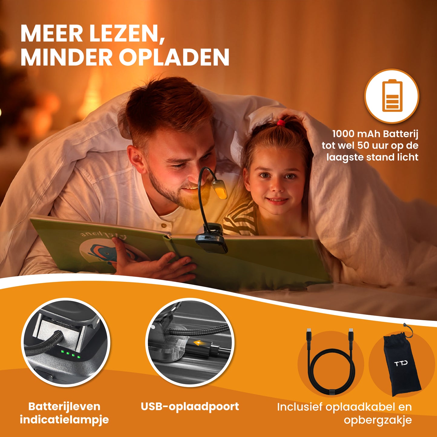 TTD® Leeslampje - 3 Soorten Licht - USB Oplaadbaar - Flexibele Hals - Opbergzakje