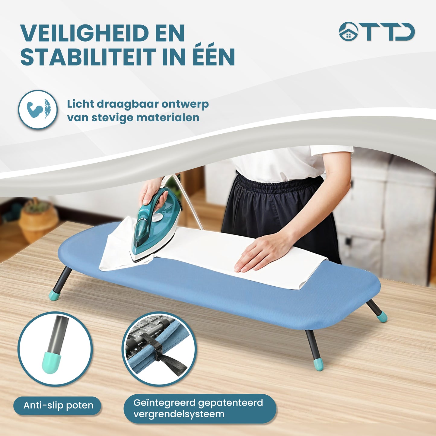 TTD® Uitklapbare Strijkplank Zonder Vouwlijn - Ophanglus - Mini Strijkplank met Strijkijzerhouder - Opvouwbare Tafelstrijkplank - Kleine Inklapbare Strijkplank