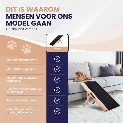 TTD® Premium houten Hondentrap - Hondenloopplank Opvouwbaar - Hondentrapje voor Honden - Voor Grote en Kleine Honden - Antislip - Met Landingsplatform - Instelbaar 18 tot 53 cm - Voor Bed en Bank - Berkenhout - Met Draaghandvat